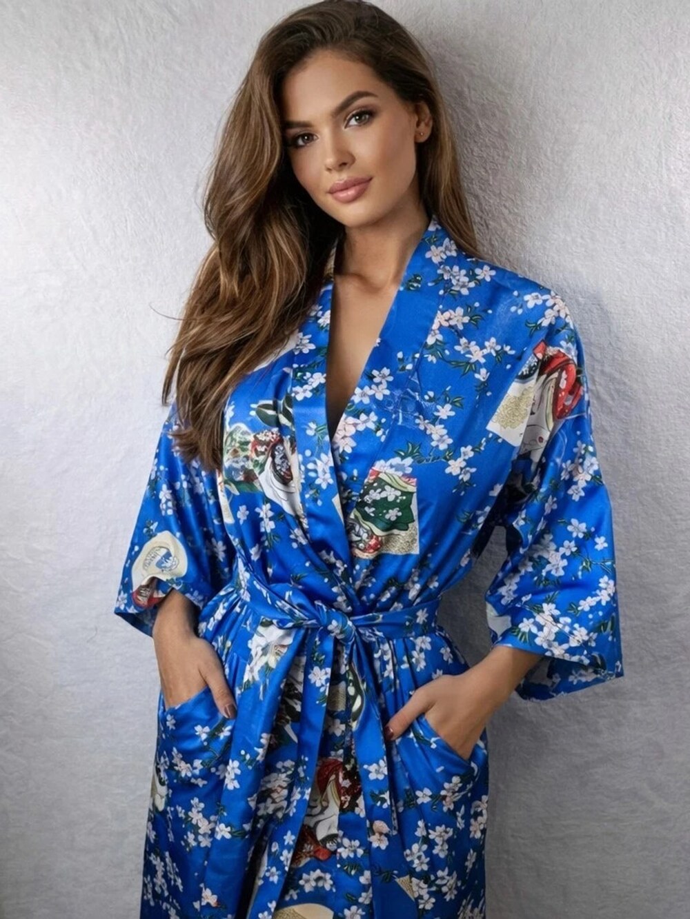 Kimono Robe Cherry Blossom Blue Satin Women's Size Medium Lounge Wear
